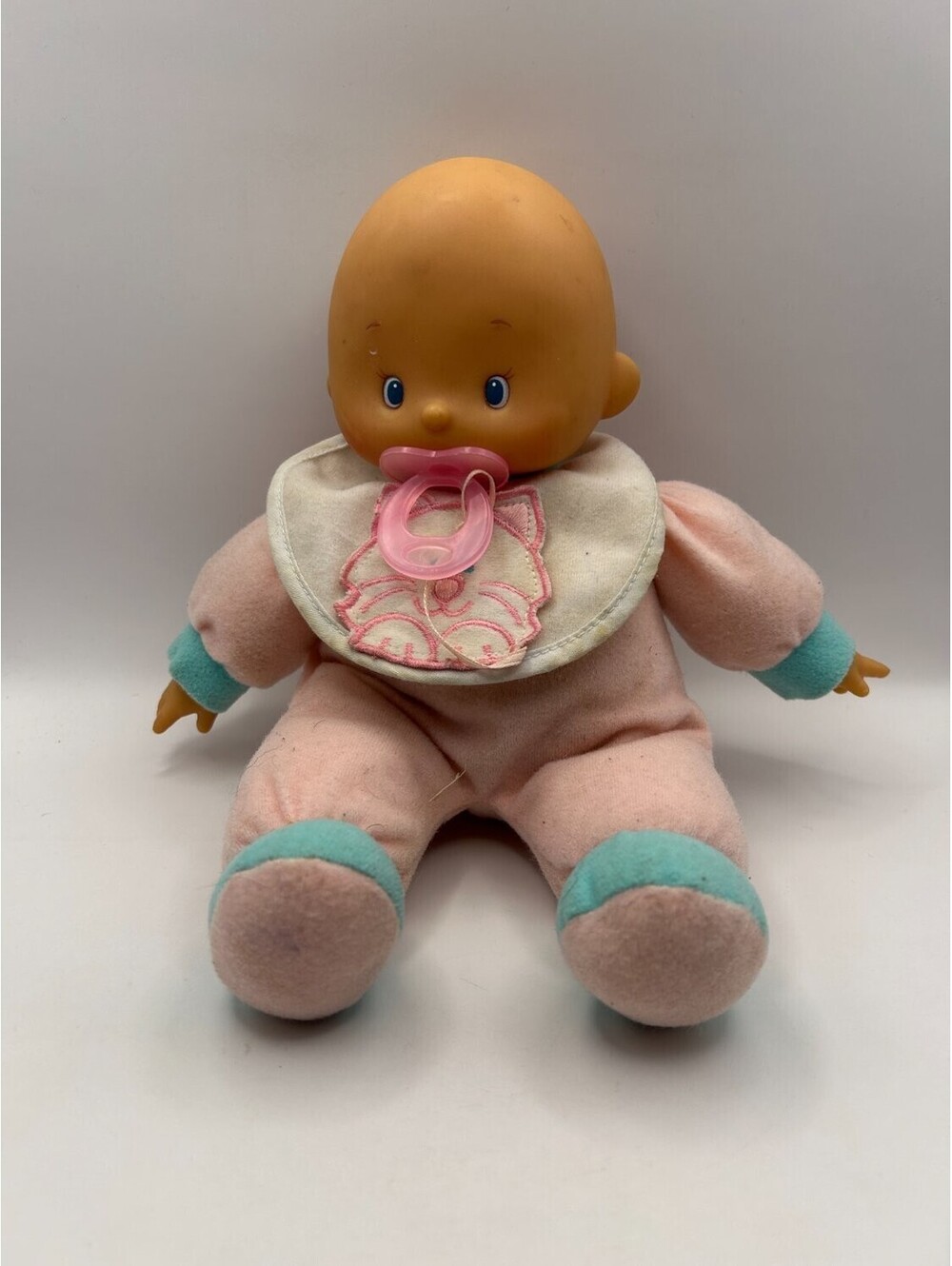 2000 Cititoy Baby Doll Pink Teal Cat Bib Attached Pacifier White Embroidered